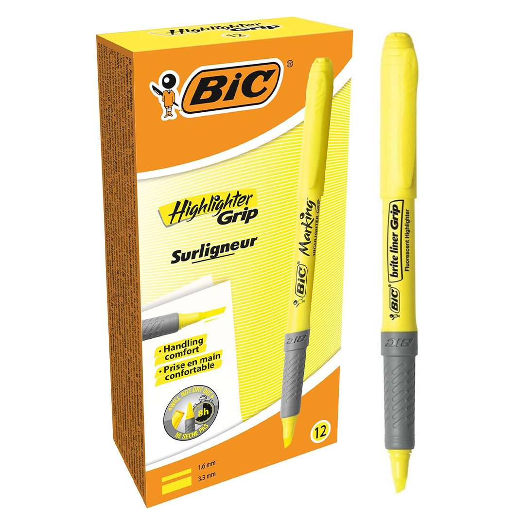  RESALTADOR REDONDO BIC CON GRIP AMARILLO  X12