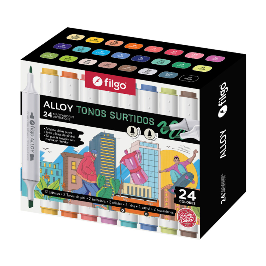  MARCADOR FILGO ALLOY DOBLE PUNTA ESTUCHE  IMANTADO SURTIDOS X24