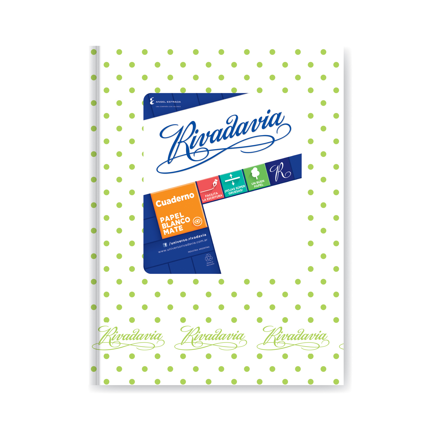  CUADERNO RIVADAVIA 16X21 TAPA CARTON  LUNAR VERDE MANZANA FONDO/BLANCO 50H RAY