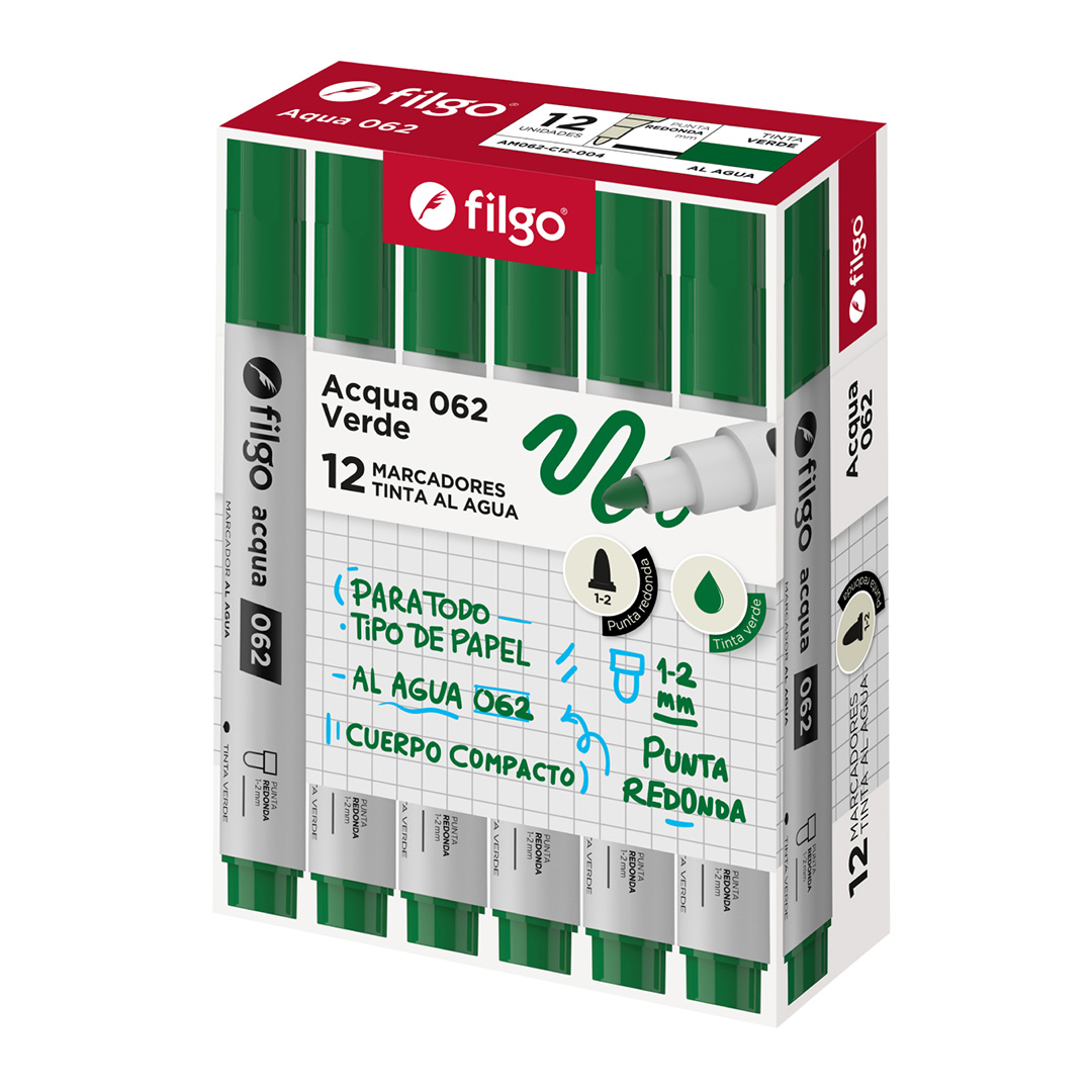  MARCADOR FILGO AL AGUA 062 PUNTA REDONDA  Y CLIP VERDE X12