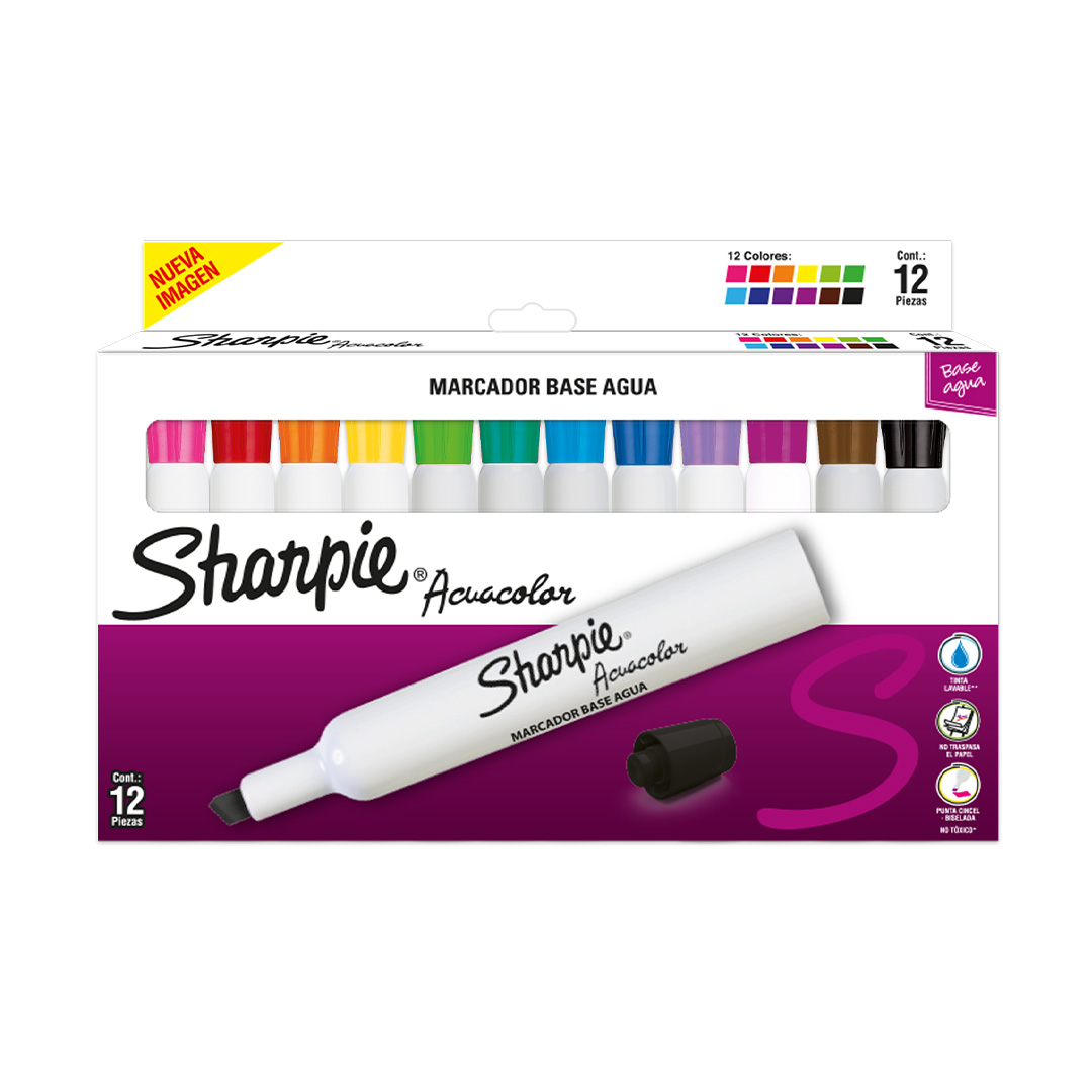  MARCADOR AL AGUA SHARPIE  ACUACOLOR PUNTA BISELADA X 12 COLORES