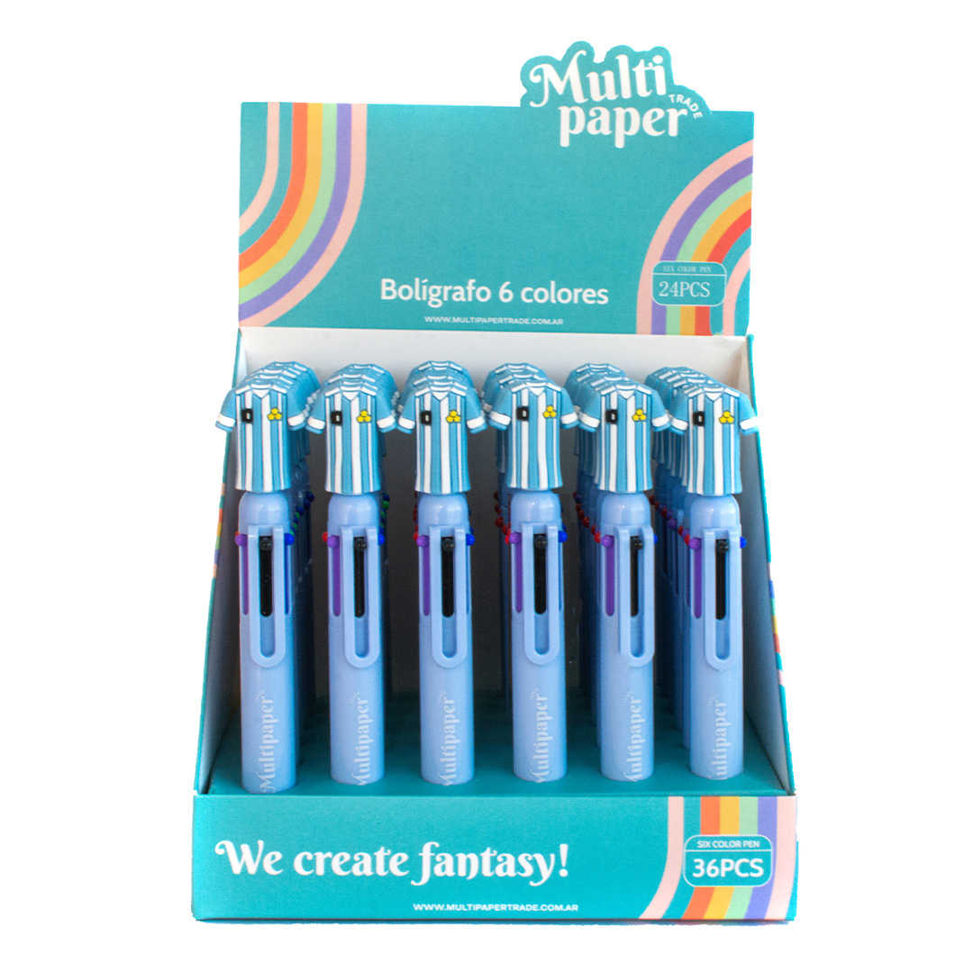  BOLIGRAFO RETRACTIL BORRABLE MULTIPAPER 6 COLORES CELESTE Y BLANCO DISPLAY X36