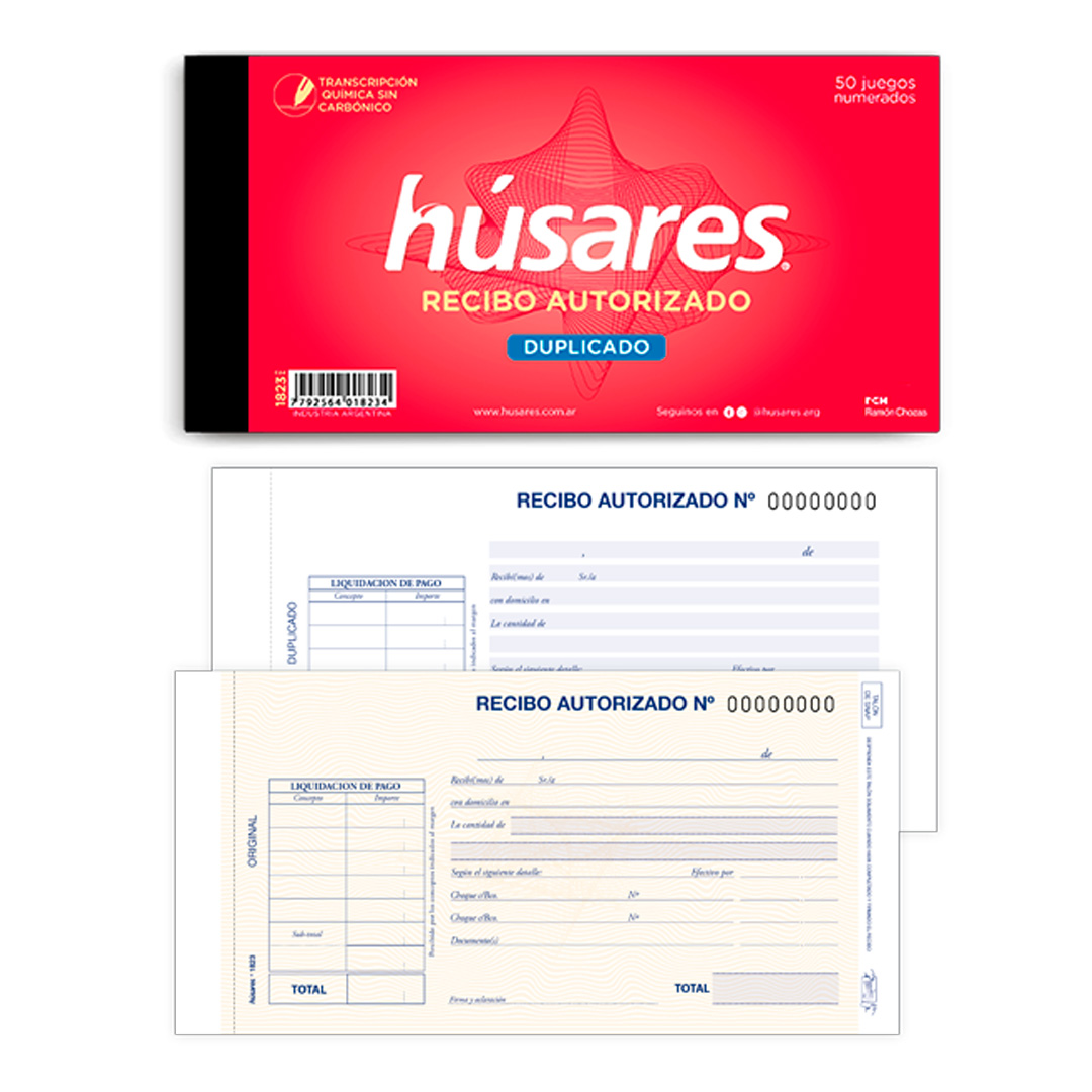  TALONARIO HUSARES 1823 RECIBO AUTORIZADO  DUPLICADO 10X21